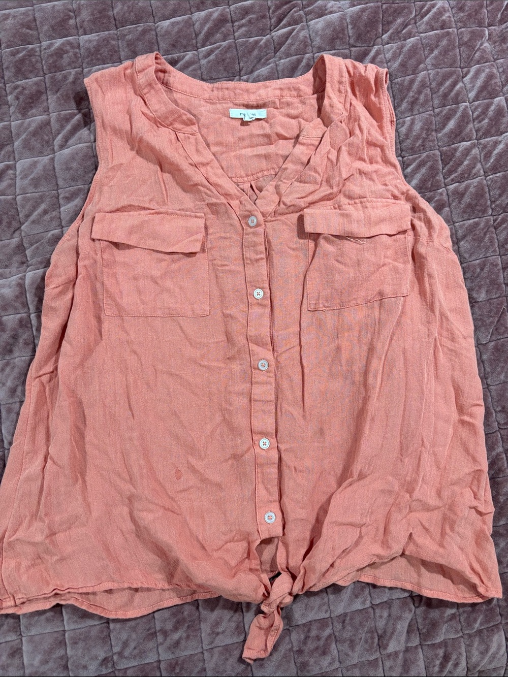 Sleeveless Button-Front Tie-Hem Top - Coral Pink